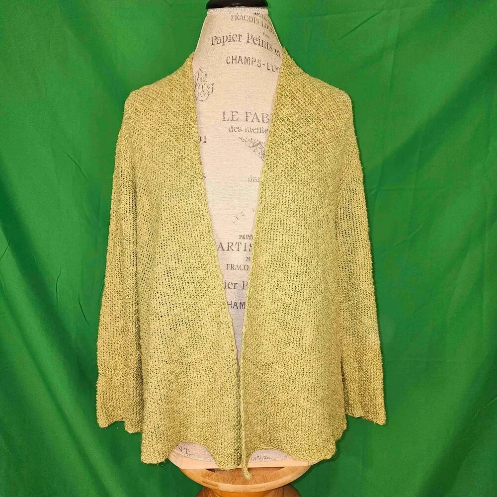 Eileen Fisher Womens Green Open Front Linen Blend Cardigan Sweater Medium